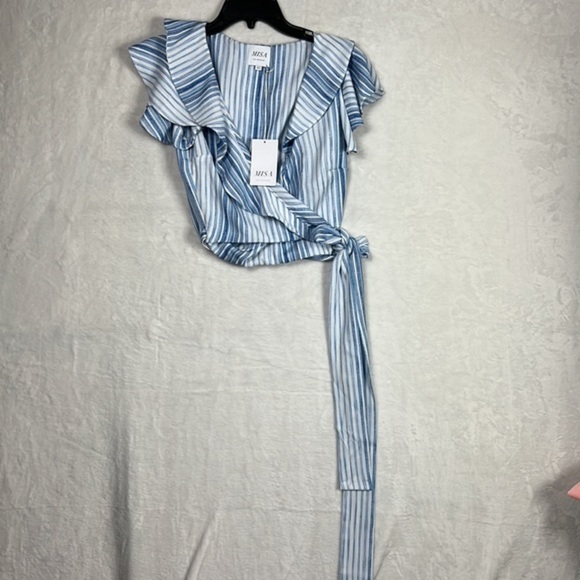 Misa Los Angeles Marah Blue White Stripe Ruffle Wrap Crop Linen Modal Top Blouse - Picture 8 of 16